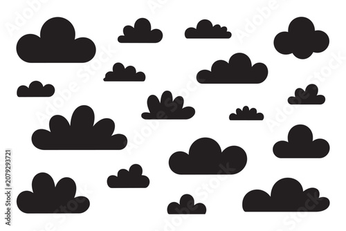 Collection of black cloud silhouettes on transparent background for nature concept designs. Simple cartoon sky elements for weather forecast graphics.