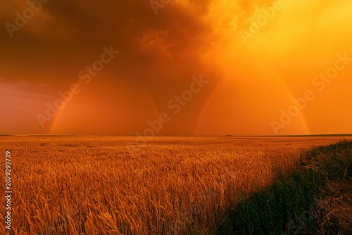 Golden Wheat Field Under Dramatic Rainbow Sky.