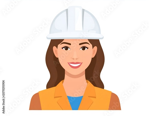 Vector illustration avatar of a female construction worker wearing a white hard hat and safety vest.