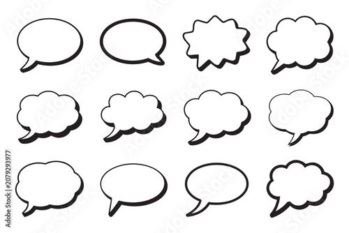 Collection of black hand drawn style speech bubbles on transparent background. Various talk frames for comic books social media and message designs.
