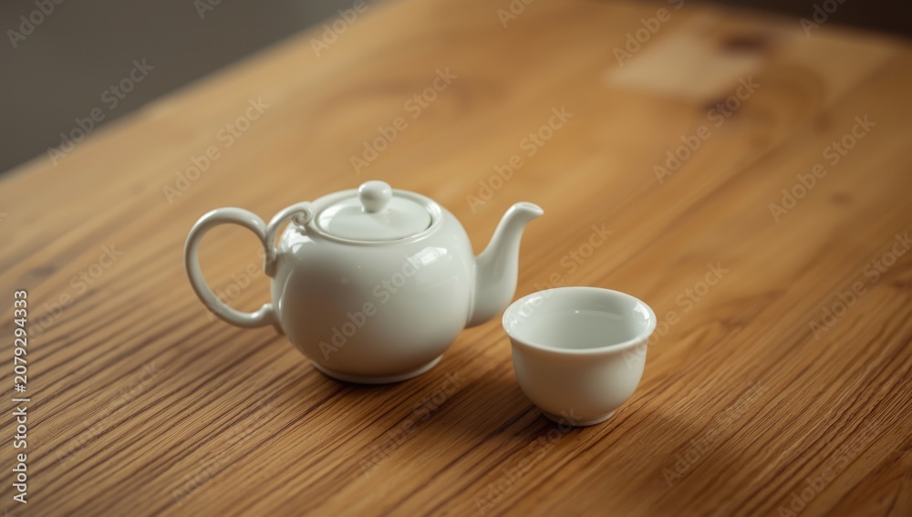 Fototapeta premium White ceramic tea pot and cup positioned on a natural grain table surface