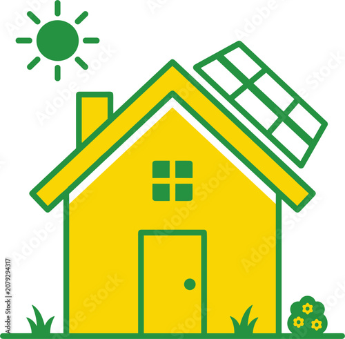 House with solar panel on roof under sunny sky