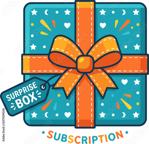 Teal gift box with orange ribbon and surprise tag for subscription service