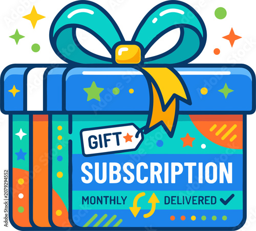 Gift box with ribbon and subscription label monthly delivery