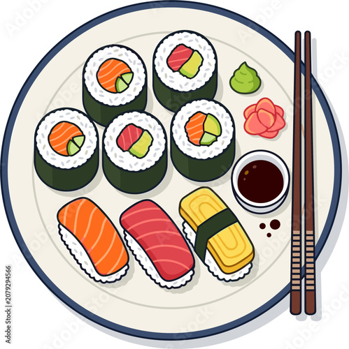 Sushi rolls and sashimi on a plate with chopsticks