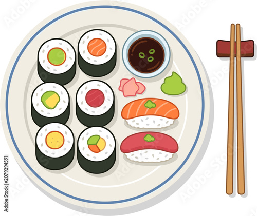 Sushi rolls and nigiri on a plate with soy sauce