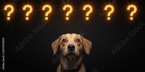 Dog looking up with illuminated question marks in background