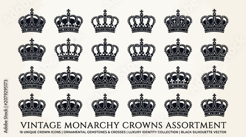 Vintage monarchy crown icons assortment, a collection of royal medieval crowns in bright studio.