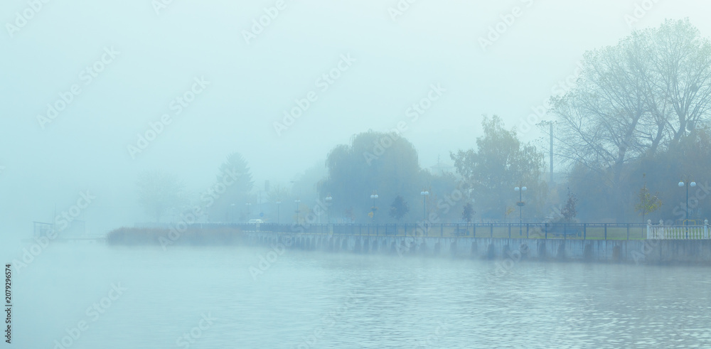 Fototapeta premium Misty waterfront city skyline with pier and trees shrouded in fog