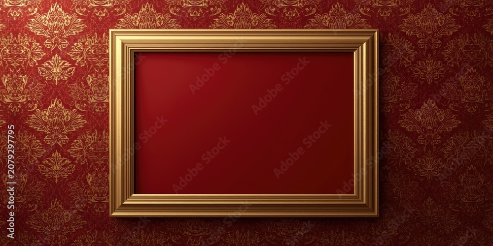 Fototapeta premium Sophisticated photo frame in gold against a warm red with gold decorative backdrop