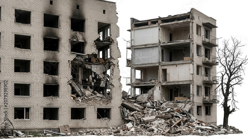 Two multi story apartment buildings showing significant damage from destruction one with burnt exterior and gaping holes the other open shelled transparent background