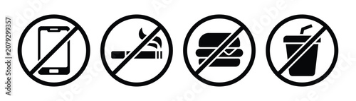 Canvastavla No eating and drinking icons, no mobile phone usage zone symbols, no smoking pro