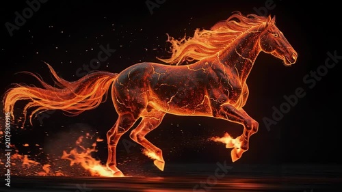 Fiery horse running with glowing lava cracks and flames on dark background vibrant energy concept