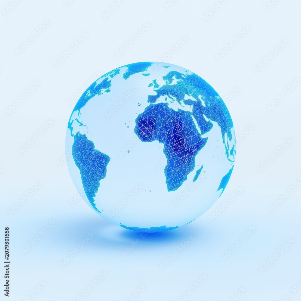 Obraz premium Blue globe depicting Earth. Network lines highlight continents, suggesting connectivity, technology, global communication. Minimalist style, bright background.