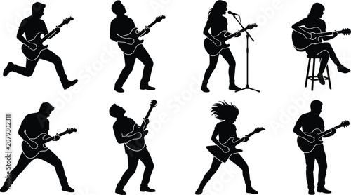 Fotografía Guitarist Silhouettes Collection Featuring Musicians Performing with Acoustic an