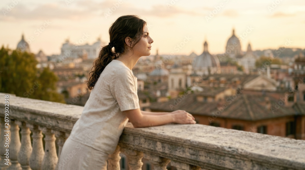 Fototapeta premium Thoughtful young woman leaning on stone balcony terrace overlooking historic Rome cityscape representing future vision and relaxation