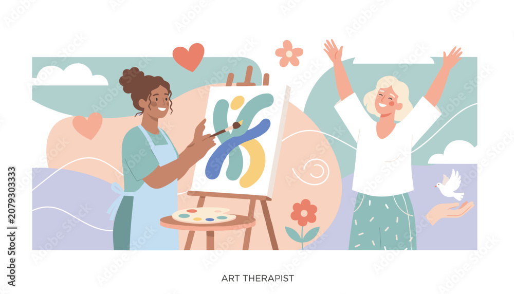 Fototapeta premium Happy women participating in an art therapy session with colorful abstract painting, creative expression, and mental healing.