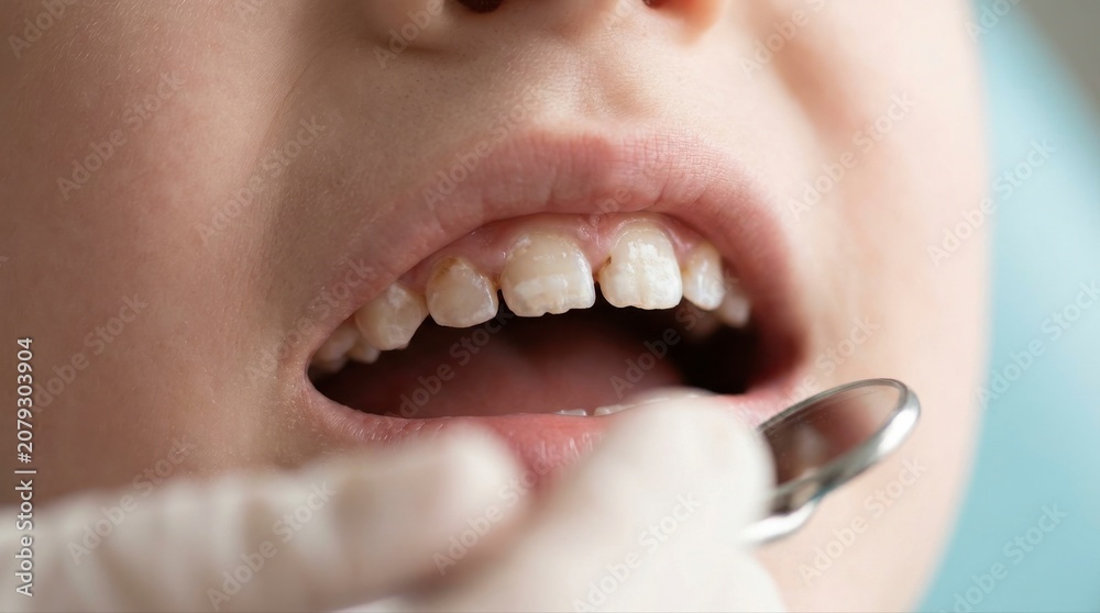 Fototapeta premium Child at Dental Checkup with Dentist Examination dirty teeth