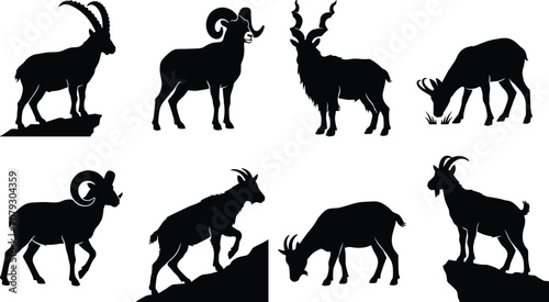 Obraz na płótnie Mountain Goat and Sheep Silhouettes Collection Featuring Horned Wildlife in Natu