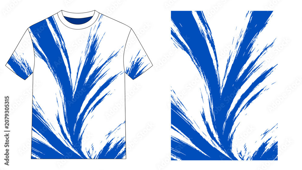 Obraz premium Blue Abstract Palm Leaf Print T-Shirt Design on White Background with Dynamic Graphic Pattern.