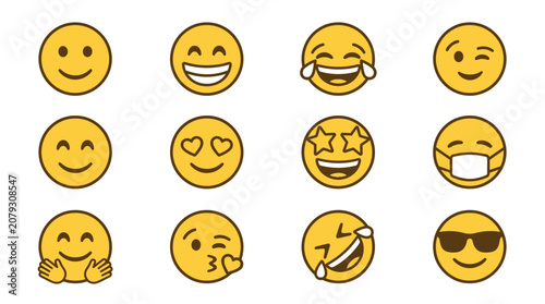 Collection of various happy smiling emojis.
