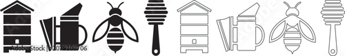 Fotografie Beekeeping icon set with honey bee, beehive, smoker and dipper