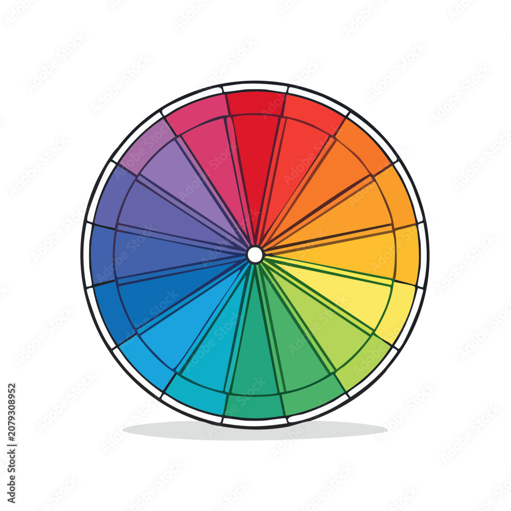Fototapeta premium Colorful graphic color wheel displaying spectrum of hues and tints with black outline
