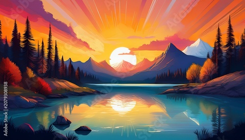 A Vibrant Stylized Landscape Depicting A Sunset Over A Tranquil Lake Surrounded By Trees And Mountains