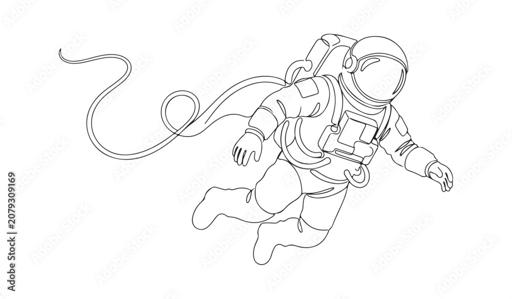 Obraz premium Astronaut floating in space continuous line art vector illustration isolated on white background.