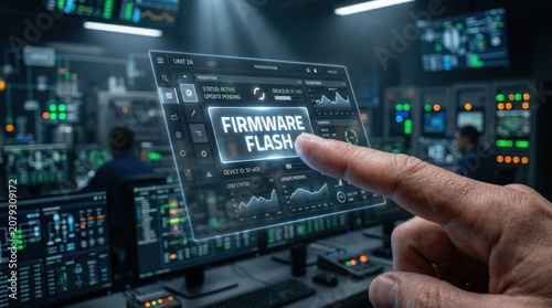 Obraz na płótnie Hand touching digital screen for firmware flash update in high tech control room, for system optimization, technical maintenance, process digital transformation