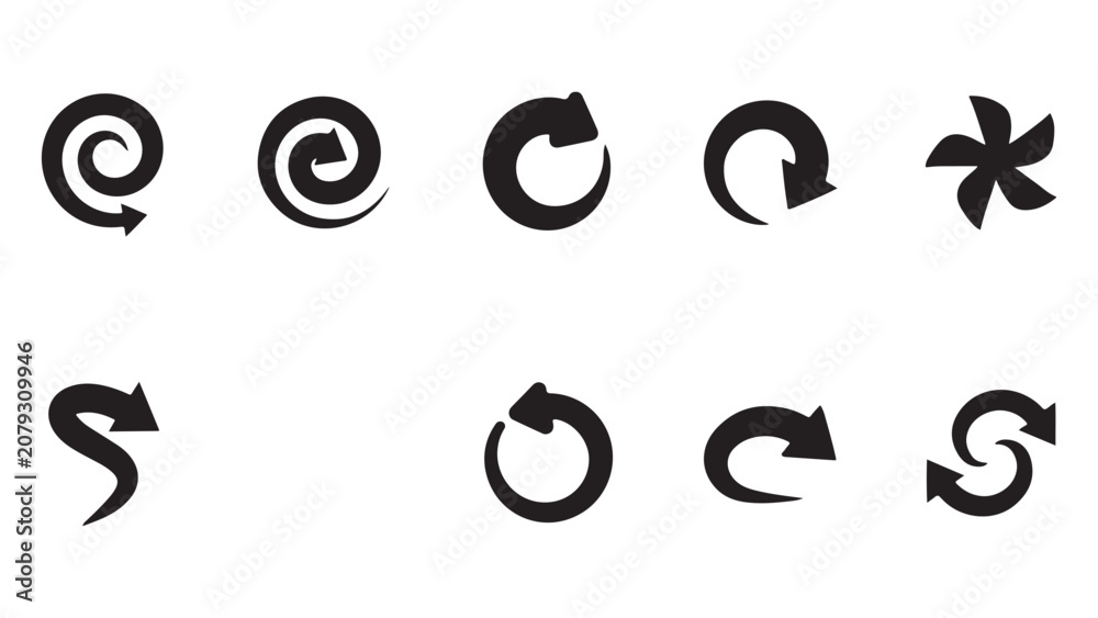 Fototapeta premium Various circular and spiral arrow shapes for creative design projects and interface use.