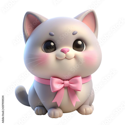Cute cartoon style grey kitten figurine with a pink bow.