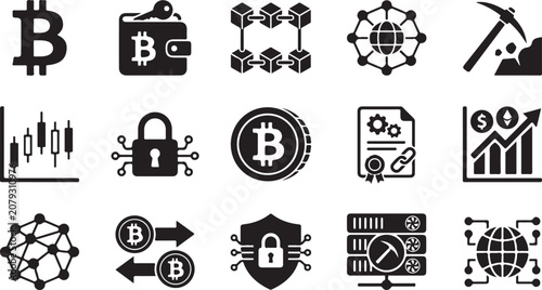 Photos Detailed collection of black cryptocurrency vector icons featuring bitcoin symbo