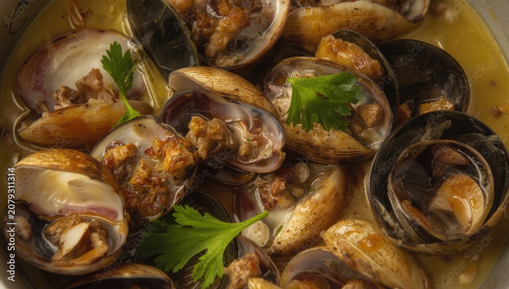 Fototapeta premium Clams in broth garnished with fresh cilantro