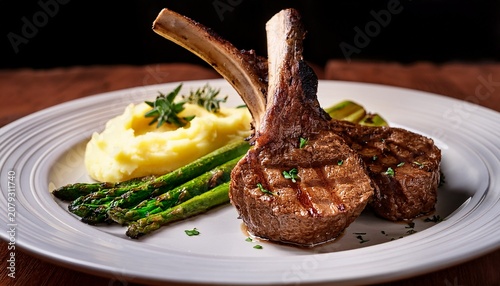 grilled lamb chops browned on the grill with truffled mashed potatoes and grilled asparagus