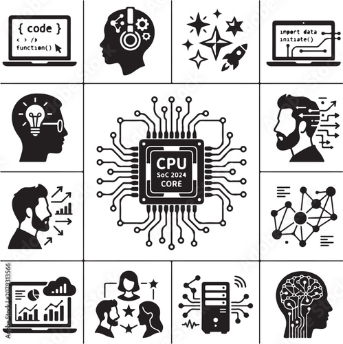 Modern black and white vector graphic illustration set featuring computer processor chips and technological concepts for advanced digital system designs