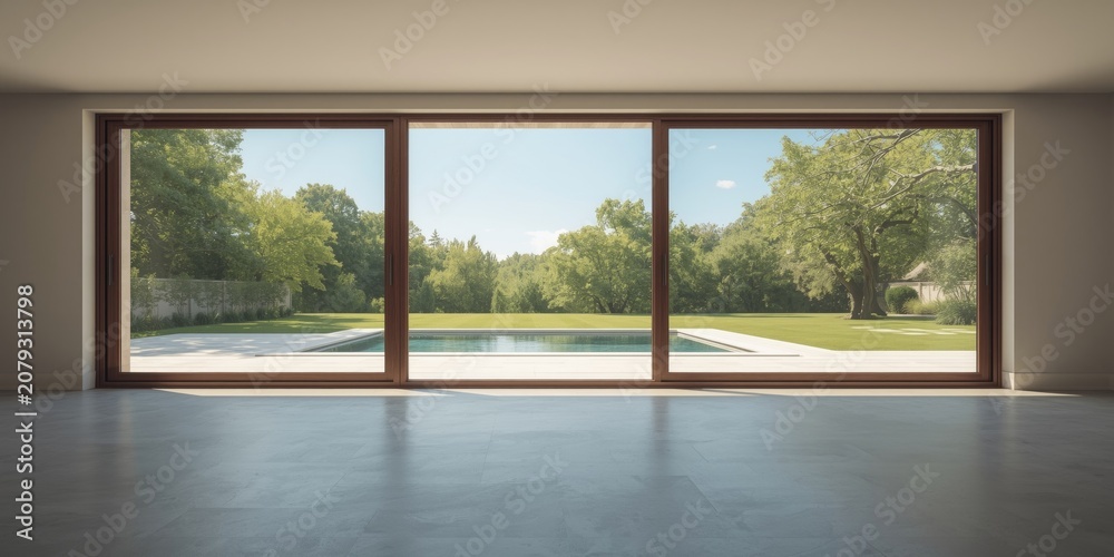 Fototapeta premium Open room featuring giant window with scenic summer backyard and serene pool in view