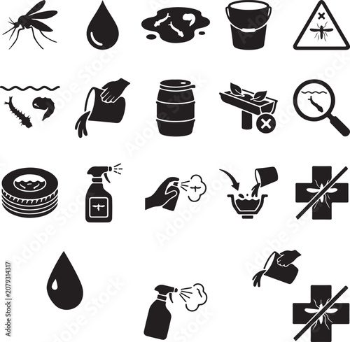Detailed vector illustration set featuring various black icons representing mosquito prevention methods and stagnant water sources for public health education