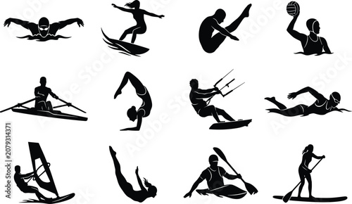 Aquatic Sports Silhouettes Featuring Swimming, Surfing, Diving, Rowing, Kayaking, Windsurfing, and Paddleboarding Activities
