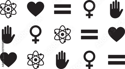 Minimalist black vector graphic illustration set featuring various common symbols like atom heart female gender equality and open palm gesture
