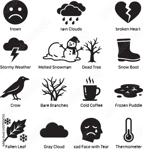 Collection of black vector graphic icons depicting sad themes and cold winter weather symbols for creative design and layout projects