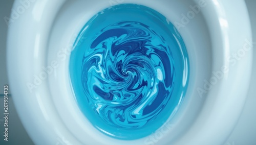 Overhead perspective of a toilet bowl with lively blue cleansing fluid inside