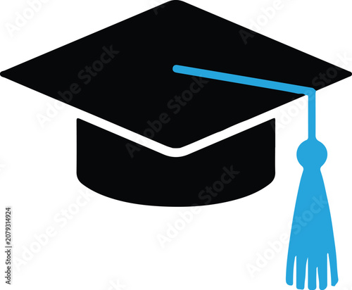 Graduation cap with blue tassel.