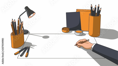 A desk with a person's hand holding a pencil