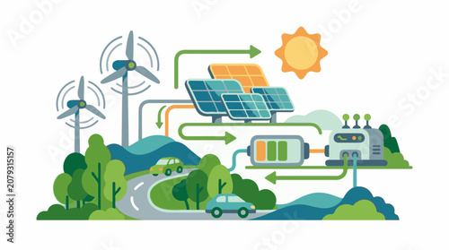 A colorful illustration of renewable energy sources powering eco-friendly vehicles and technology