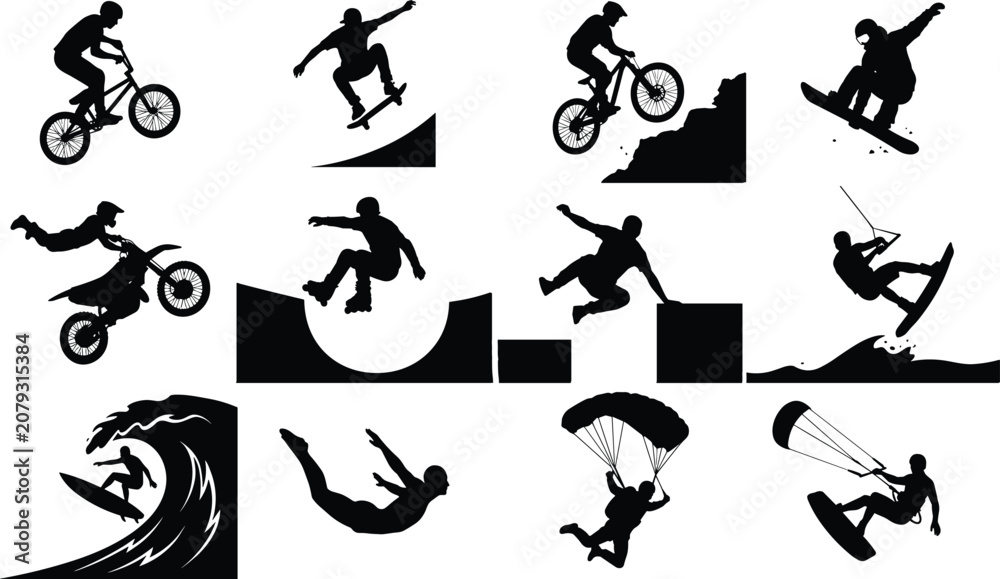 Fototapeta premium Extreme Sports Silhouettes Featuring BMX, Skateboarding, Surfing, Snowboarding, Motocross, Skydiving, and Kiteboarding Activities