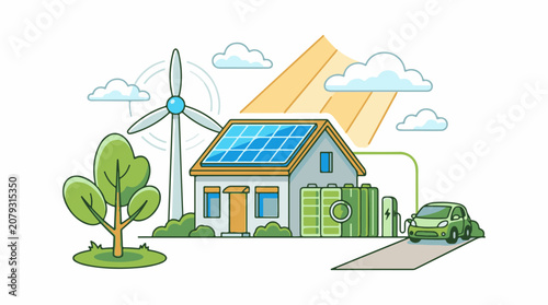 A cartoon house with solar panels and a wind turbine powers an electric car