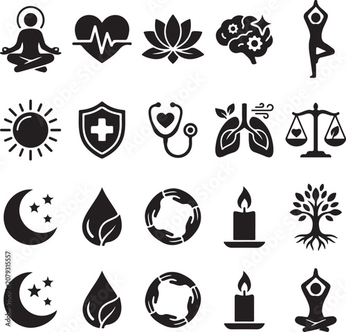 Minimalist black vector graphic illustration set featuring various wellness icons including yoga poses meditation lotus flower and healthy vital organs