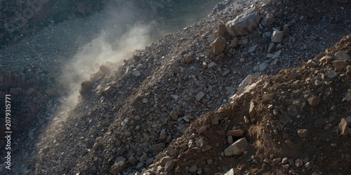 Rocky hillside with loose stones and dust cloud