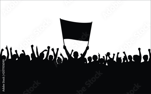 Quadro su tela Crowd of people silhouette featuring happy cheering fans with scarves for footba